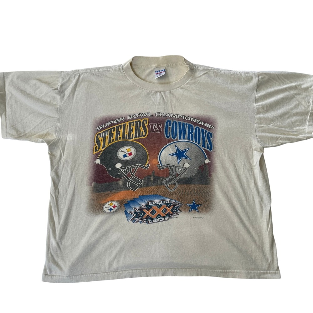 Vintage 1996 Super Bowl XXX Steelers vs Cowboys T-Shirt XL True Fan NFL Cream